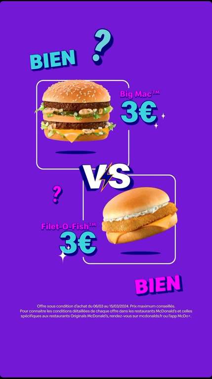 Sélection d'offres promotionnelles - Ex: Hamburger Big mac ou Filet-o-fish