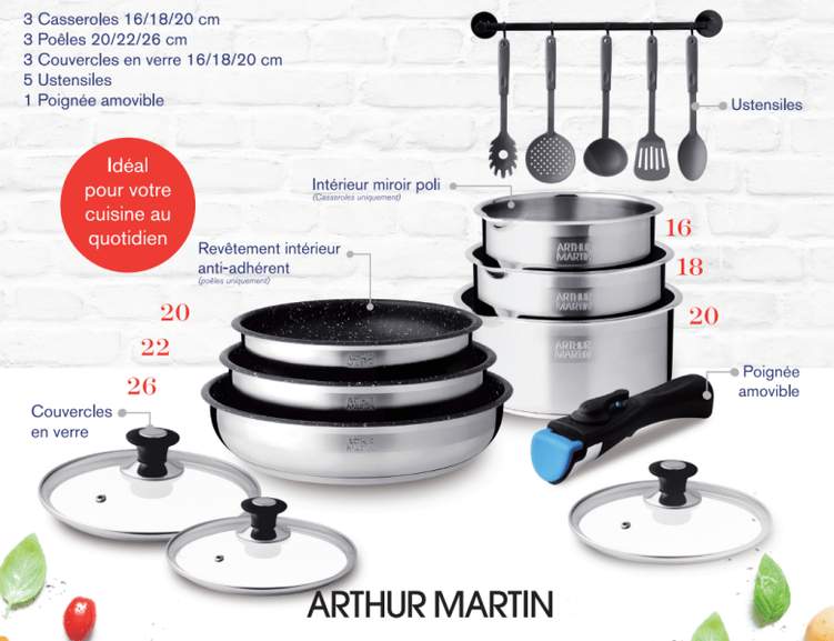 Batterie De Cuisine Arthur Martin AMBI20S - 20 Pièces Inox Tous Feux Dont Induction - Qualité Professionnelle