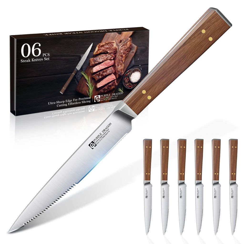 Set de 6 couteaux à Steak Purple Dragon - lame ondulée inox, manche en bois (Vendeur Tiers)