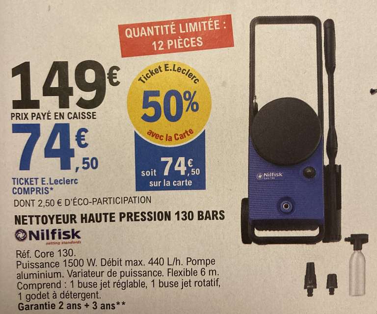Nettoyeur haute pression Nilfisk - 130 bars (via 74.50€ sur la carte fidélité) - Sarrebourg (57)