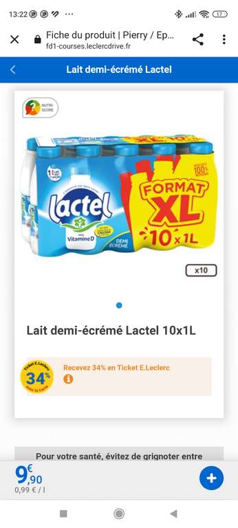 Lait demi-écrémé Lactel - 10x1L, DLC au 24/09/23 (Via 3,37€ sur Carte Fidélité) - Pierry (51)