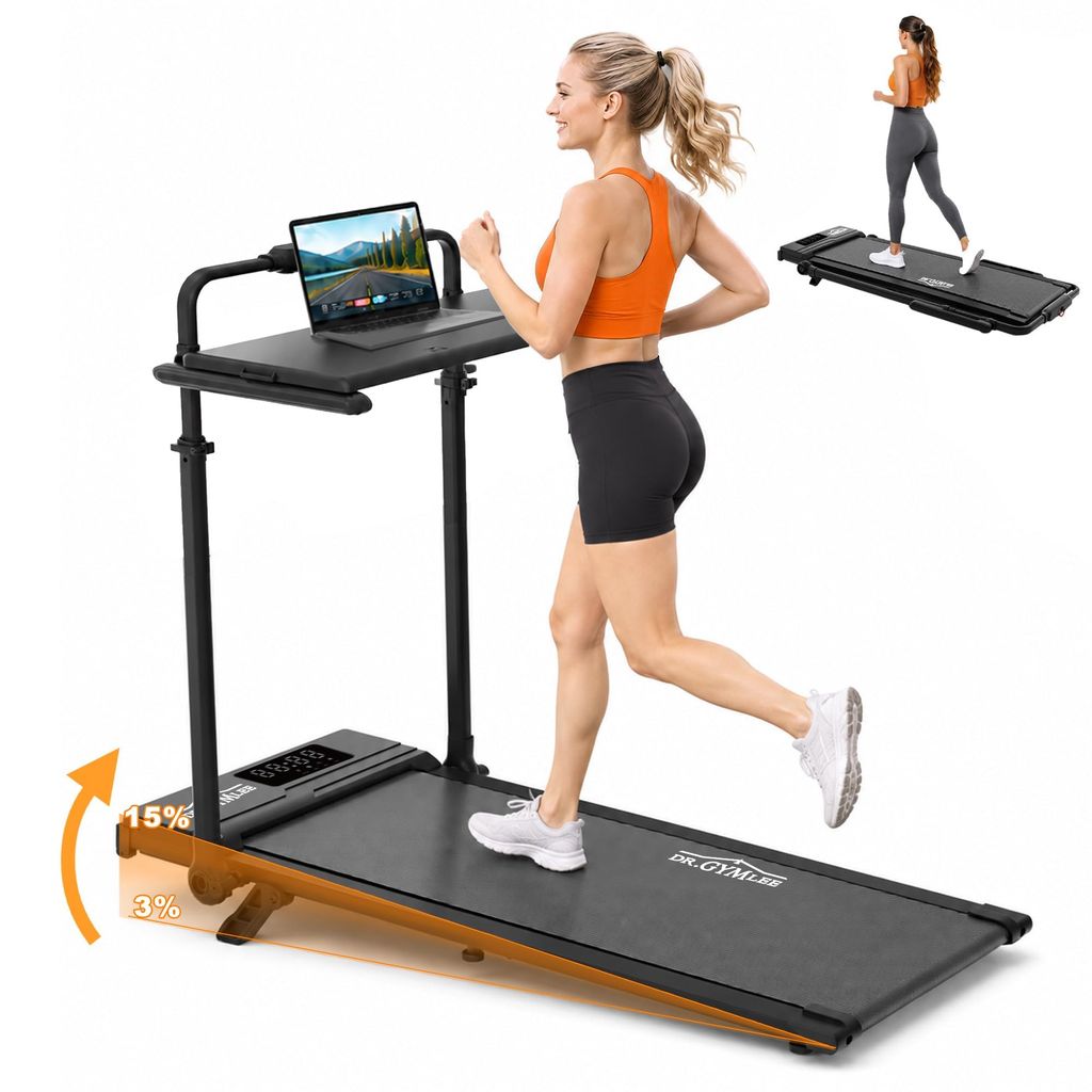 Tapis de Course 6-en-1 DR.GYMlee - Inclinaison 3–15%, Walking Pad sous Bureau, 1–12 km/h, Guidon Réglable 15 cm