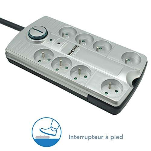 Multiprise Parafoudre Electraline - 8 prises, 2 ports USB 2.1A –