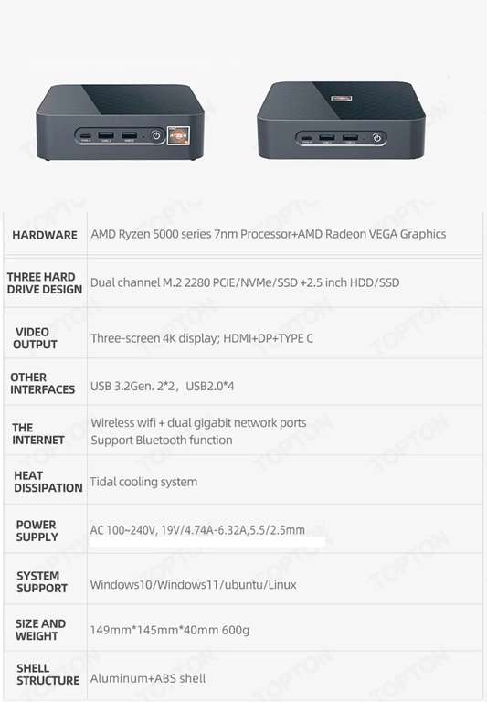 Mini PC Topton S500+ - AMD Ryzen 5 5625U, Wifi 6E, 16GB DDR4, 512GB NVME, Eth 2,5Gbps