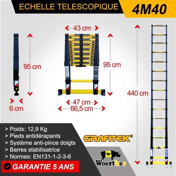 Echelle télescopique Grafitek - 4.4m, avec barre stabilisatrice (echelle- telescopique-woerther.com) –
