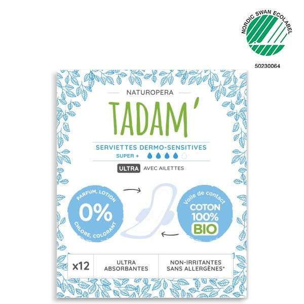 Paquet de 12 Serviettes dermo-sensitives Tadam' Super+ avec ailettes