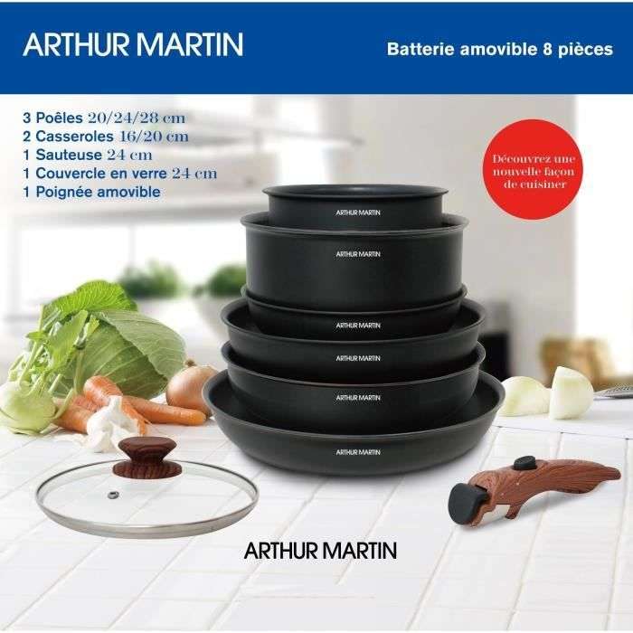 Batterie de cuisine 8 pièces Arthur Martin AM8231 - 3 poêles, 2 casseroles, 1 sauteuse, Couvercle verre, Poignée, Tous feux dont induction