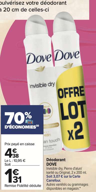 Lot de 2 déodorants Dove - 2x200 ml - Différentes variétés (Via 3.07€ sur la carte de fidélité)