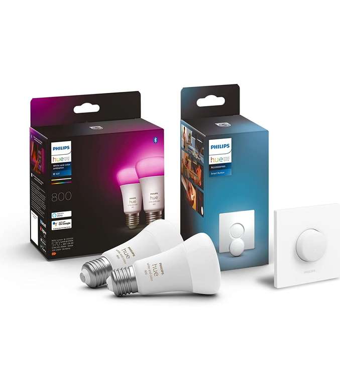 Pack de 2 Ampoules LED Connectées Philips Hue White & Color Ambiance E27 + Télécommande Connectée Smart Button