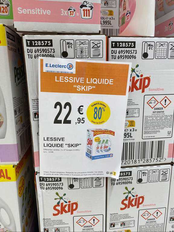 Lot de 3 bidons (3 x 1,7l) de lessive liquide Skip (via 18.36€ sur la carte fidélité) - Clichy (92)