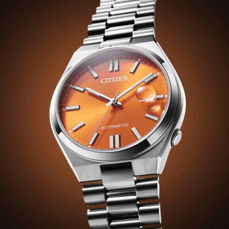 Montre Citizen Tsuyosa Magu automatique cadran orange bracelet acier 40 mm