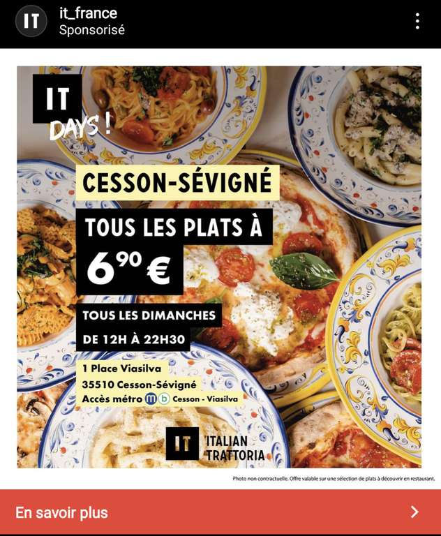 Sélection de pizzas et plats de pâtes à 6.90€ tous les dimanches de 12h à 22h30 - IT Italian Trattoria Cesson Sévigné (35)
