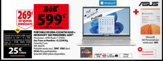 PC Portable 15" Asus VivoBook S15 - Ryzen 7 3700U, SSD de 512 Go, 16go de RAM, Windows 11 + 1 an de Microsoft 365 offert