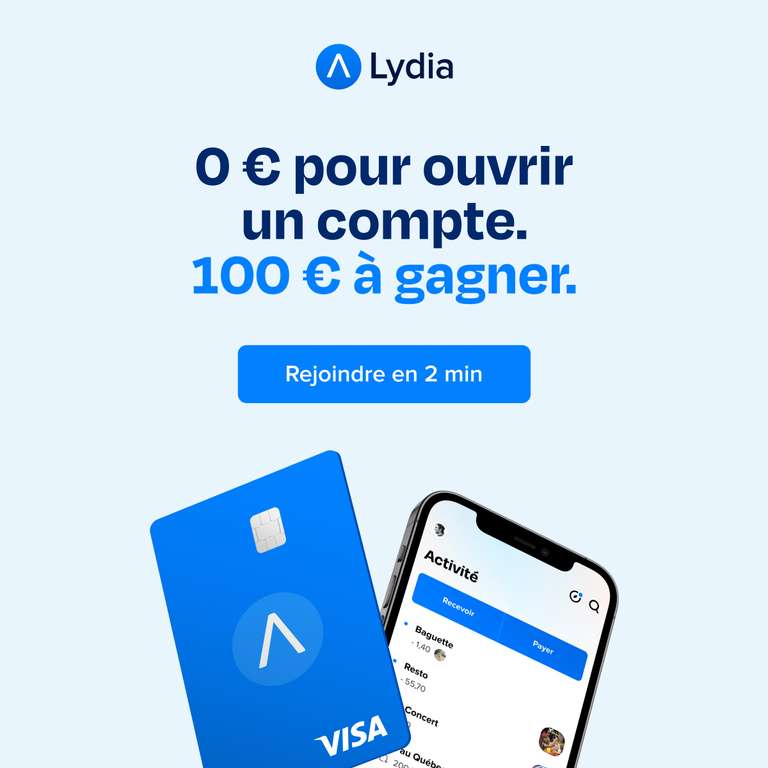 [Clients n'ayant jamais utilisé la carte Lydia & Nouveaux clients] Jusqu'à 100€ offerts en faisant vos achats avec la carte Lydia