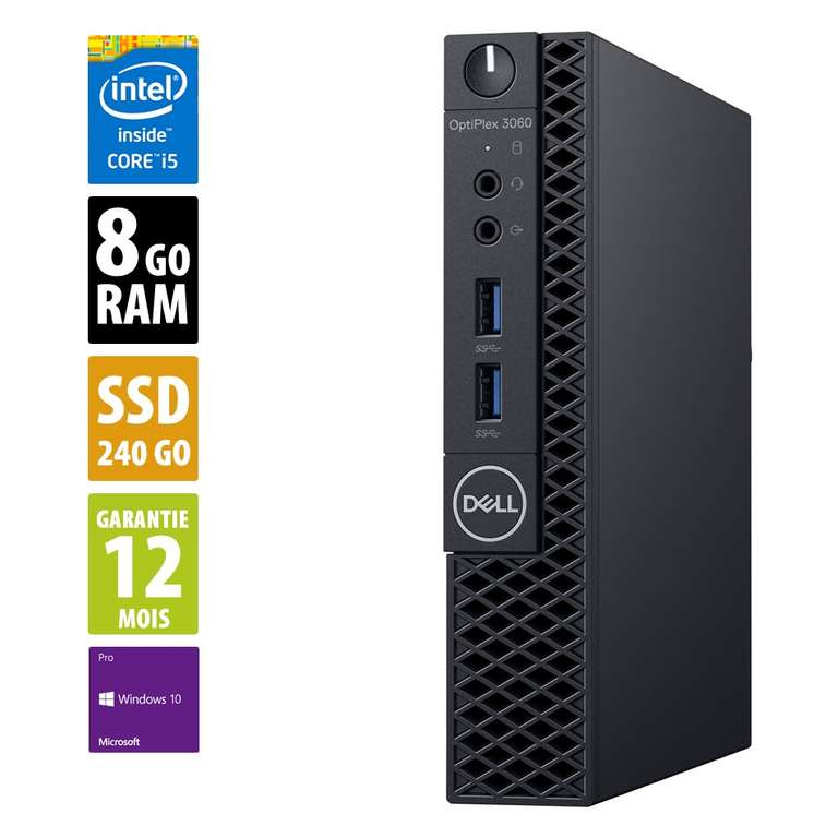Mini PC de bureau Dell Optiplex 3060 USFF- i5-8500T @2.10GHz, 8Go RAM, 240 Go SSD, Windows 10 Pro (Reconditionné, grade A)