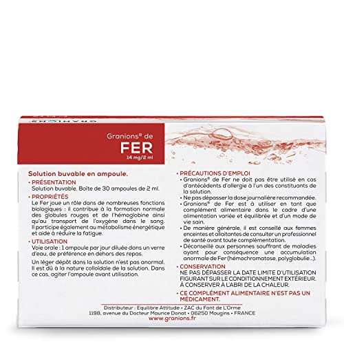 30 ampoulesGranions de Fer - Carence, Fatigue & Sensibilité aux infections - Aide à réduire la fatigue - 14 mg de Fer