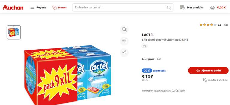 Pack de lait Lactel demi-écrémé 9x1L UHT (1,82€ cagnottés via retrait Drive) - Taverny (95)