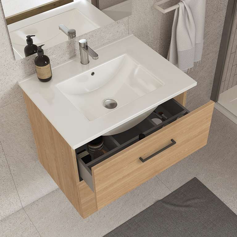 Meuble sous vasque à suspendre Ona effet chêne l.80 cm + plan vasque blanc + miroir