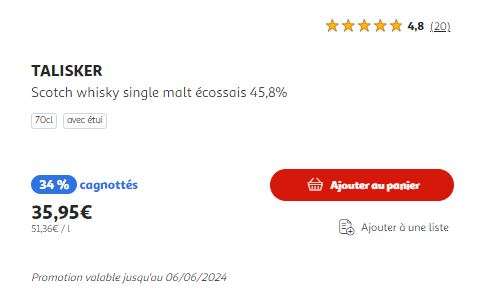 Whisky Talisker - Single Malt écossais 45.8% (via 12,22€ sur cagnotte) - Paris Dorian (75)