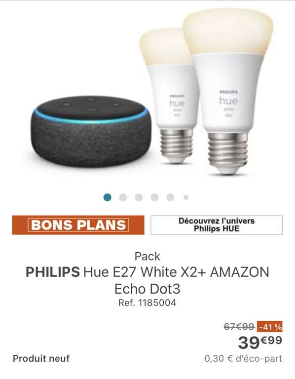 Pack 2 Ampoules connectées Philips Hue E27 White + Assistant vocal Amazon Echo Dot 3