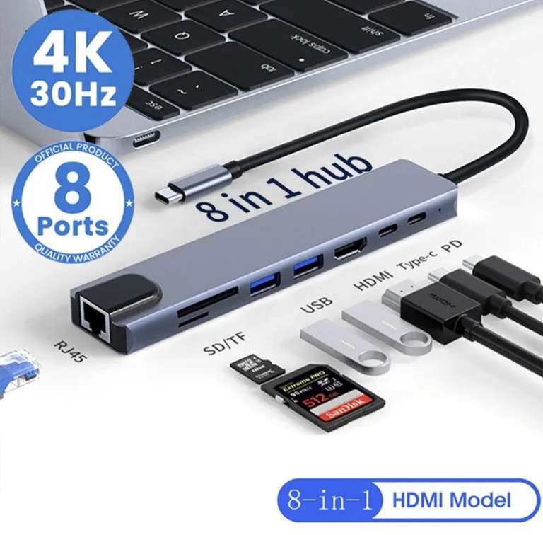 Hub USB-C 8 en 1, RJ45, HDMI