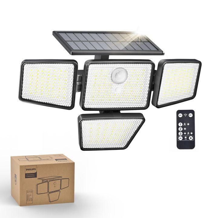 Lampe solaire extérieure Philips, 196 LED, détecteur de mouvement PIR, 3 modes, 4 têtes orientables (Vendeurs Tiers)