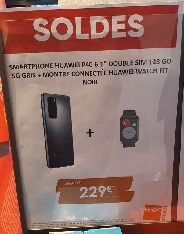 Smartphone 6.1" Huawei P40 - 5G, 8 Go RAM, 128 Go ROM + Montre connectée Huawei Watch Fit Noir (sans service Google) - Chambéry (73)