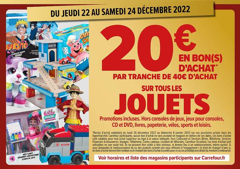 20€ offerts en bon d'achat par tranche de 40€ d'achat sur tous les jouets (hors exceptions)