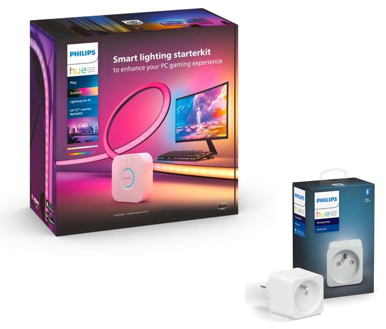 Pack Philips Hue : Ruban LED Play Lightstrip Gradient pour écran 24/27” + Pont de connexion + Prise connectée