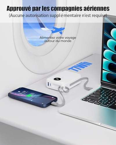Batterie Externe 20000mAh - 35W, Câbles Intégrés - Charge Rapide USB-C - Pour Téléphone, Avion