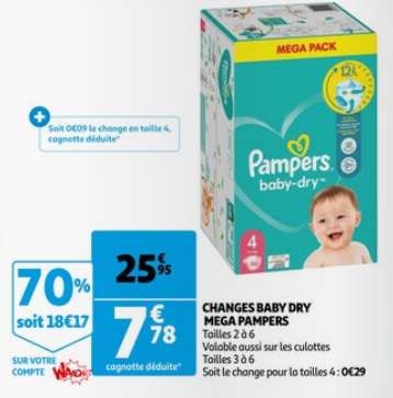 Méga pack Pampers Baby Dry - Différentes tailles (via 18.17€ sur carte de fidélité + BDR 2€ + ODR 3€)