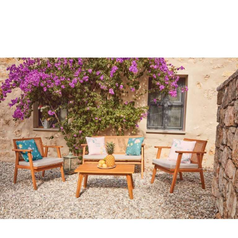 Salon de jardin bas 4 places Tana HYBA - Acacia massif, Dossier cannage, Coussins (Via Retrait drive et Bon d'achat de 20€)