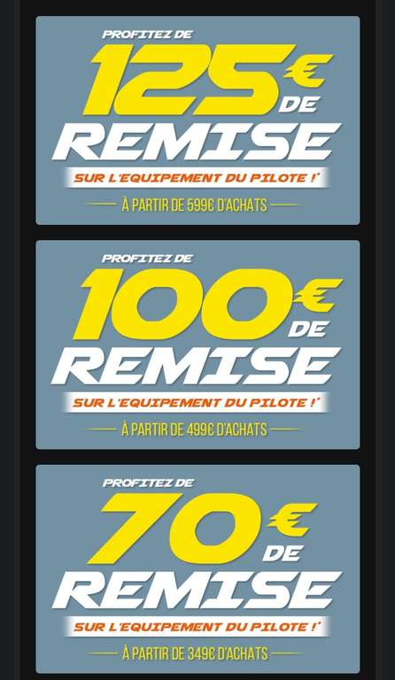 Sélection d'offre promotionnelle Moto-Axxe - 125€ dès 599€, 100 dès 499€, 70€ dès 349€