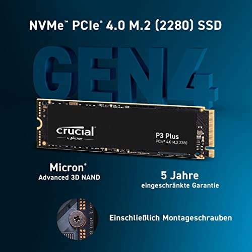 SSD interne M.2 NVMe Gen4 Crucial P3 Plus - 1 To, QLC, Jusqu’à 5000-4200 Mo/s (CT1000P3PSSD8) compatible PS5
