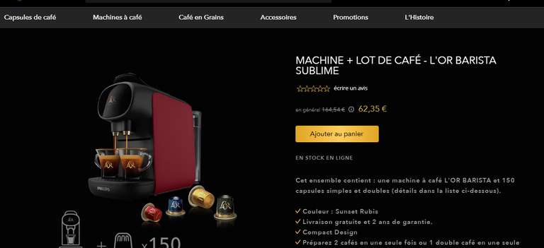 Machine à café L'OR Barista Sublime + 150 capsules (belgique)