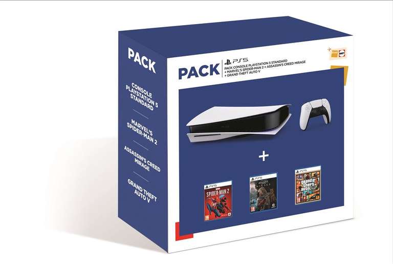 Pack Console PS5 Standard + Marvel's Spider-Man 2 + Assassin's Creed Mirage + GTA V
