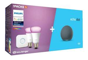 Pack Enceinte connectée Amazon Echo Dot 4 + Starter Kit Philips Hue : 2 Ampoules E27 White & Color Ambiance + pont