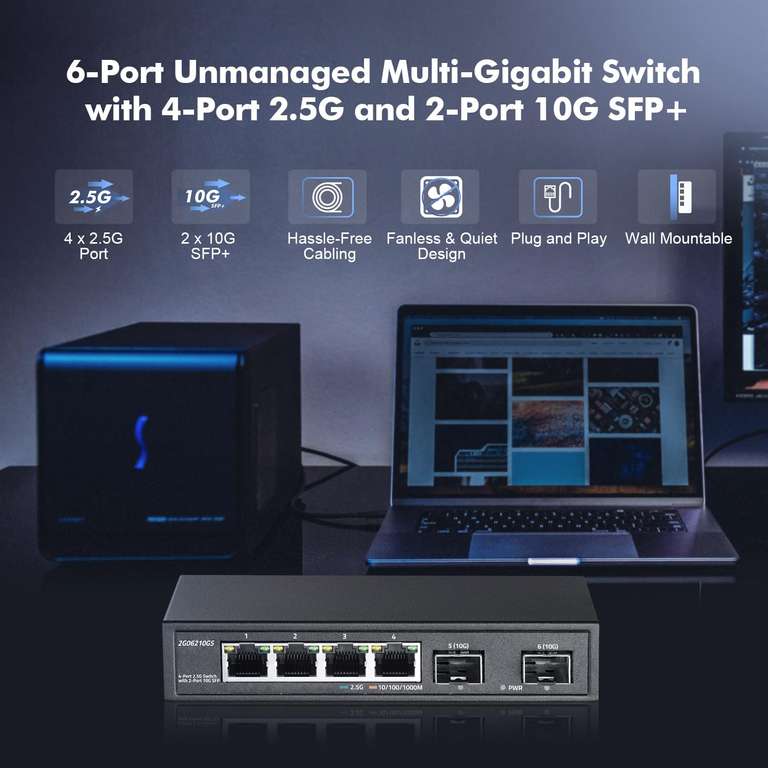 Switch 4 Ports 2.5G et 2x10G SFP, Compatible avec 100/1000/2500Mbps, sans Ventilateur et Non administré (Via Coupon - Vendeur Tiers)