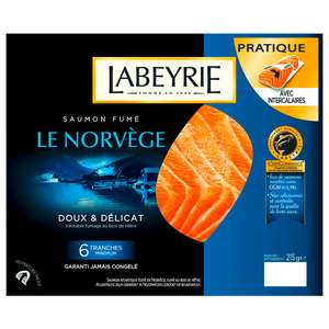 Paquet de 6 tranches Saumon Fumé Le Norvège Labeyrie - 215 g (via 3,11€ sur la carte fidélité + BDR)