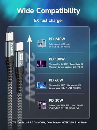 Lot de 2 Câbles USB C vers USB C 2 Mètres 240W PD 3.1 ZKAPOR (13,74€ les 4 câbles) (Vendeur tiers)