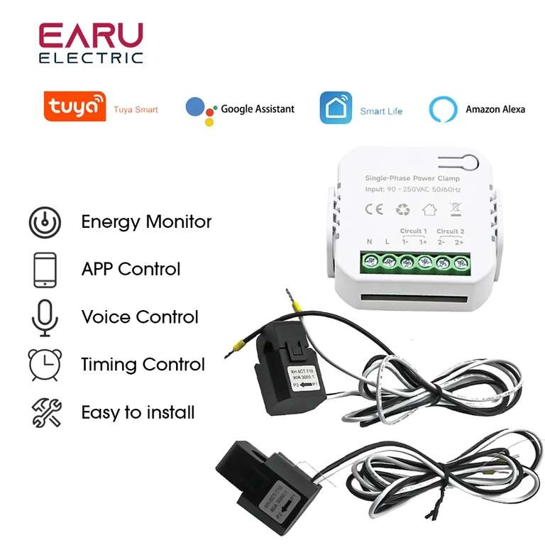 Compteur d'énergie WiFi en temps réel bidirectionnel intelligent avec 2 pinces, moniteur de consommation d'électricité, application Tuya
