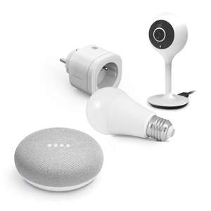 Kit domotique - Enceinte connectée Google Nest Mini Galet, Caméra HomeCam 1080P, Prise HomePlug, Ampoule E27 RGB HomeLight (reconditionné)