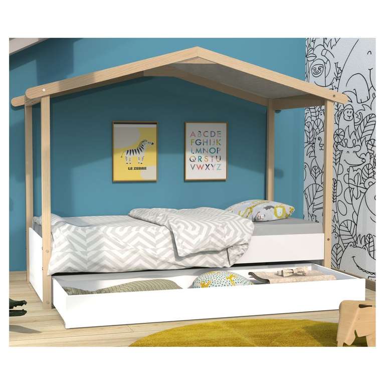 Lit cabane enfant (90 x 190cm) avec tiroir de rangement + sommier Estelle (Via Remise Panier)