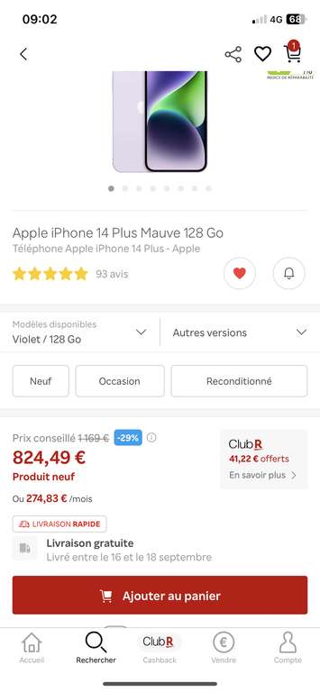 Smartphone 6,7" Apple iPhone 14 Plus - 128Go (+41,22€ en Rakuten Points)