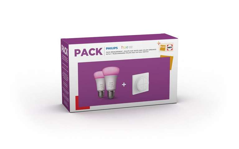 [Via APP] Pack Philips Hue - 2 ampoules Hue White and Color Ambiance + 1 Télécommande Tap Dial Switch (+0,70€ en RP) - Vendeur Darty