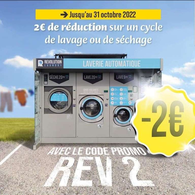 2€ de réduction dès 4€ dépensés en laverie automatique - Revolution Laundry