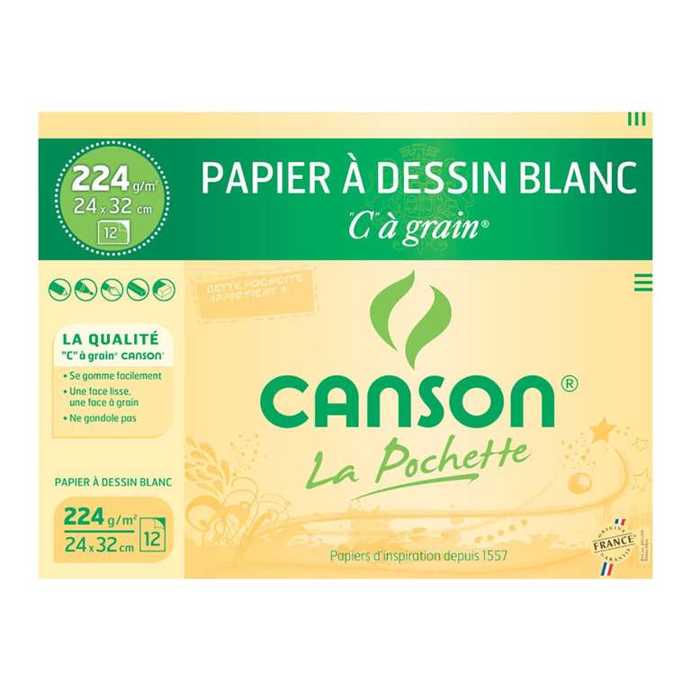 Papier dessin Canson - Blanc, 12 feuilles 24 x 32 cm, 224g/m²