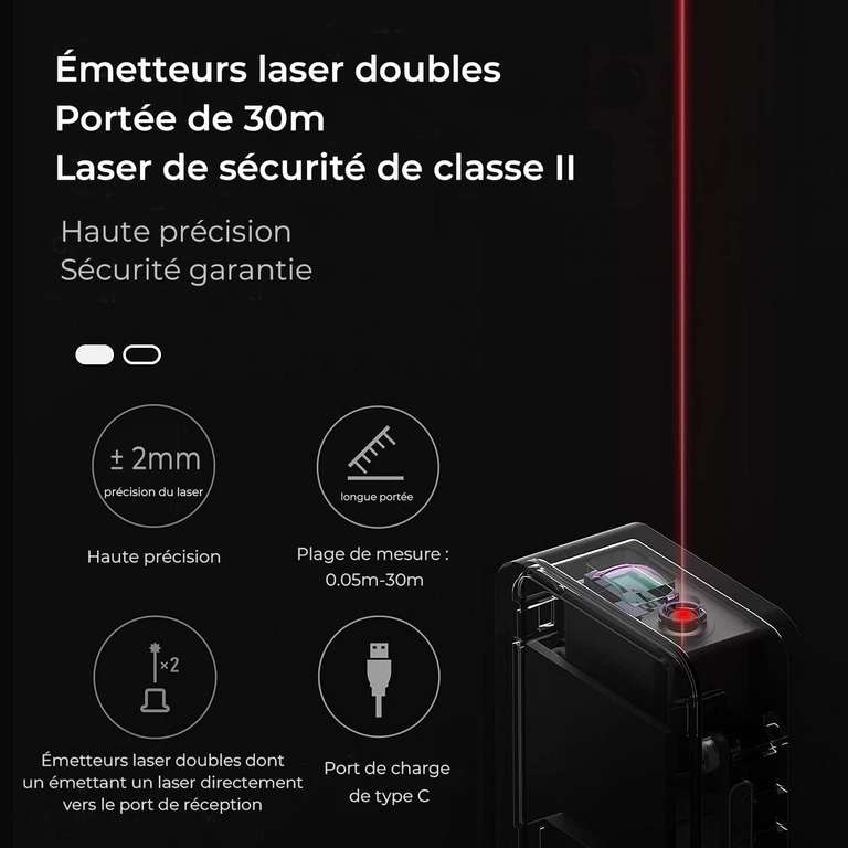 Télémètre Laser Numérique Bluetooth HOTO, 0,05 – 30m, Précision ±2 mm, m/ft + en Unités Commutables (Vendeur tiers)