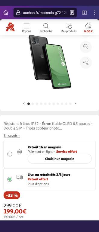 Smartphone 6.5" Motorola G72 - Full HD 120Hz, 6 Go RAM, 128 Go ROM, gris météore