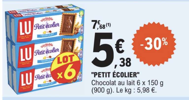 Lot de 6 paquets de biscuits au chocolat au lait Lu Petit Ecolier - 6 x 150 g